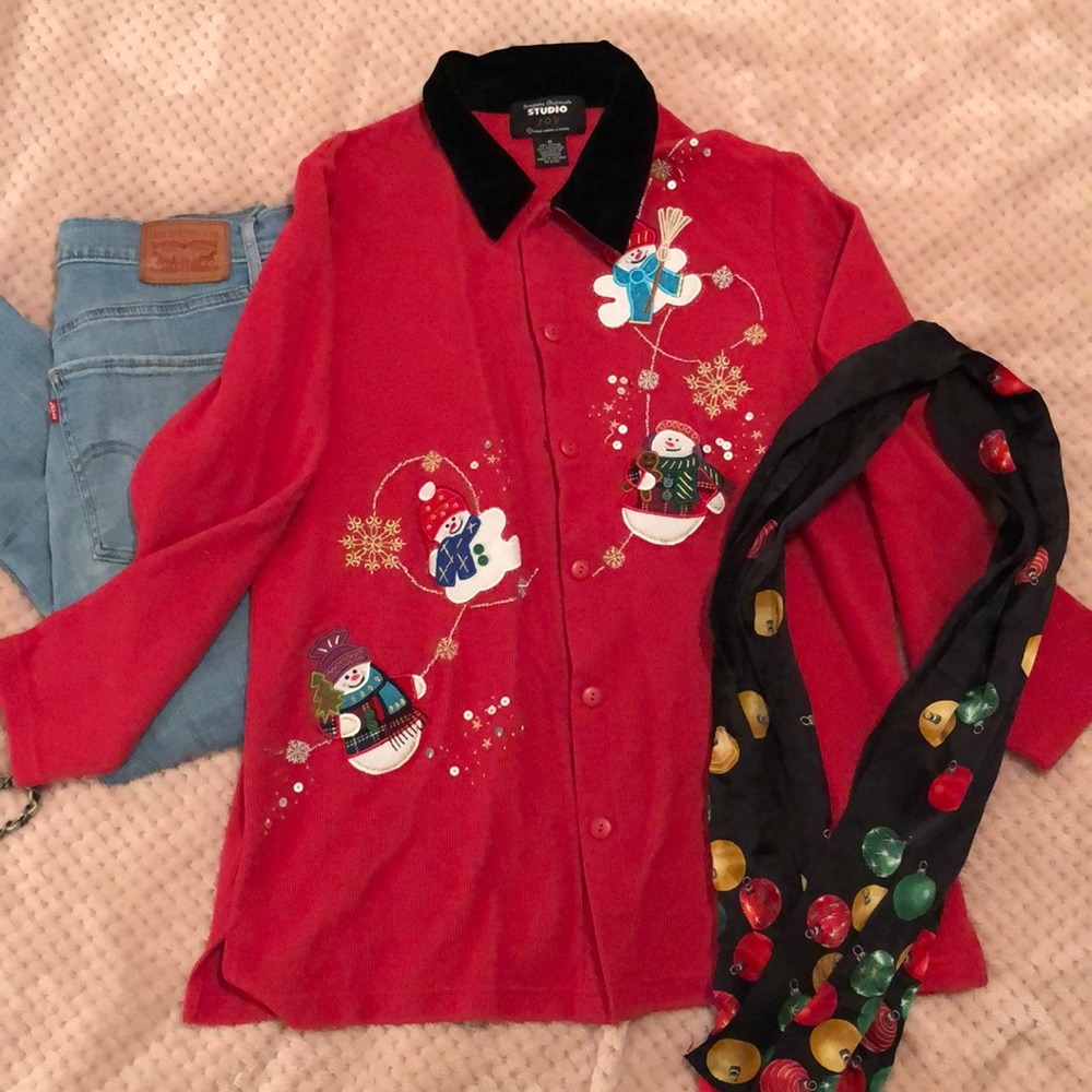 Ugly Christmas Sweater with Snowmen & Scarf